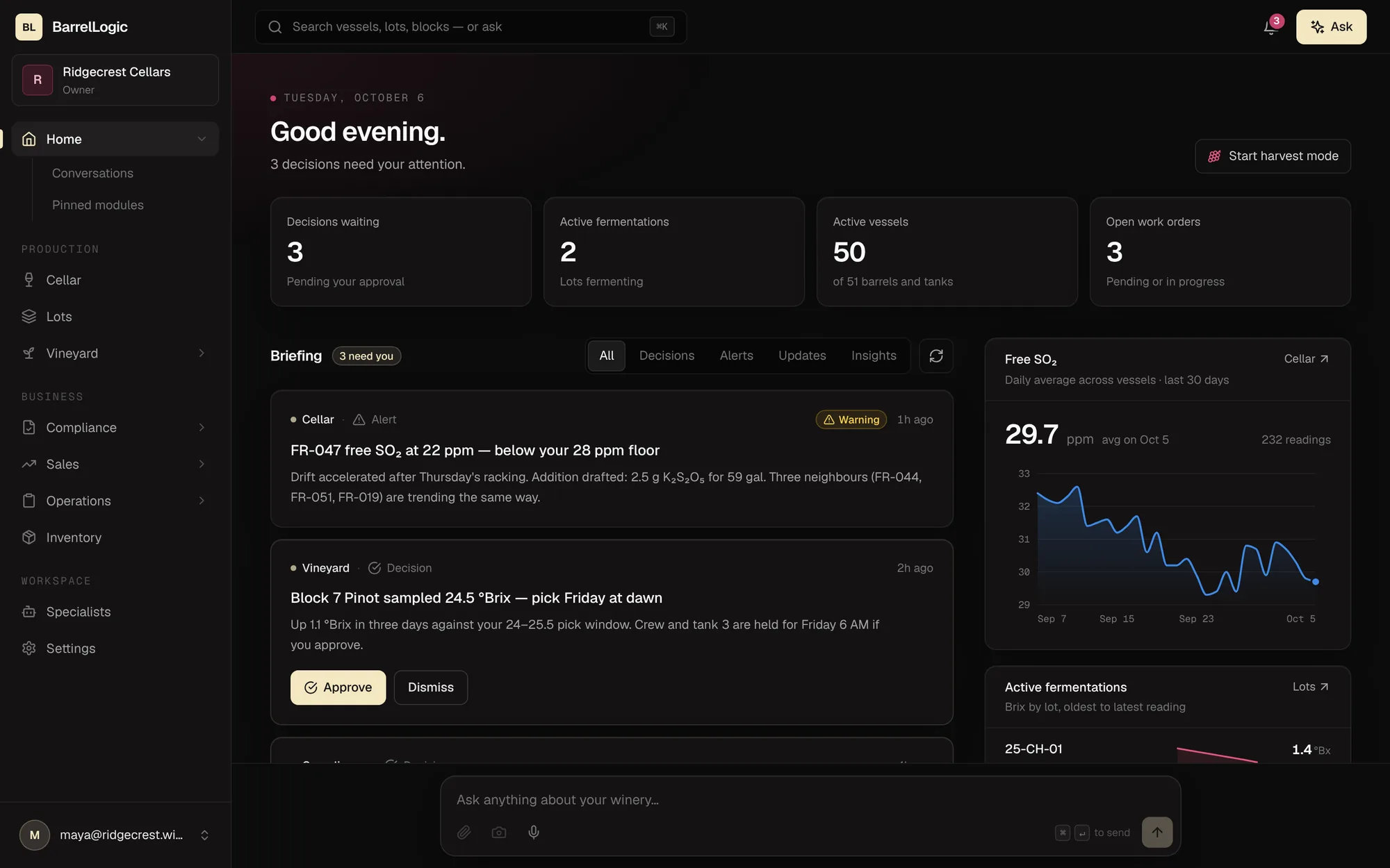 BarrelLogic home screen: a morning briefing with decision cards, KPI tiles, and a free SO₂ chart