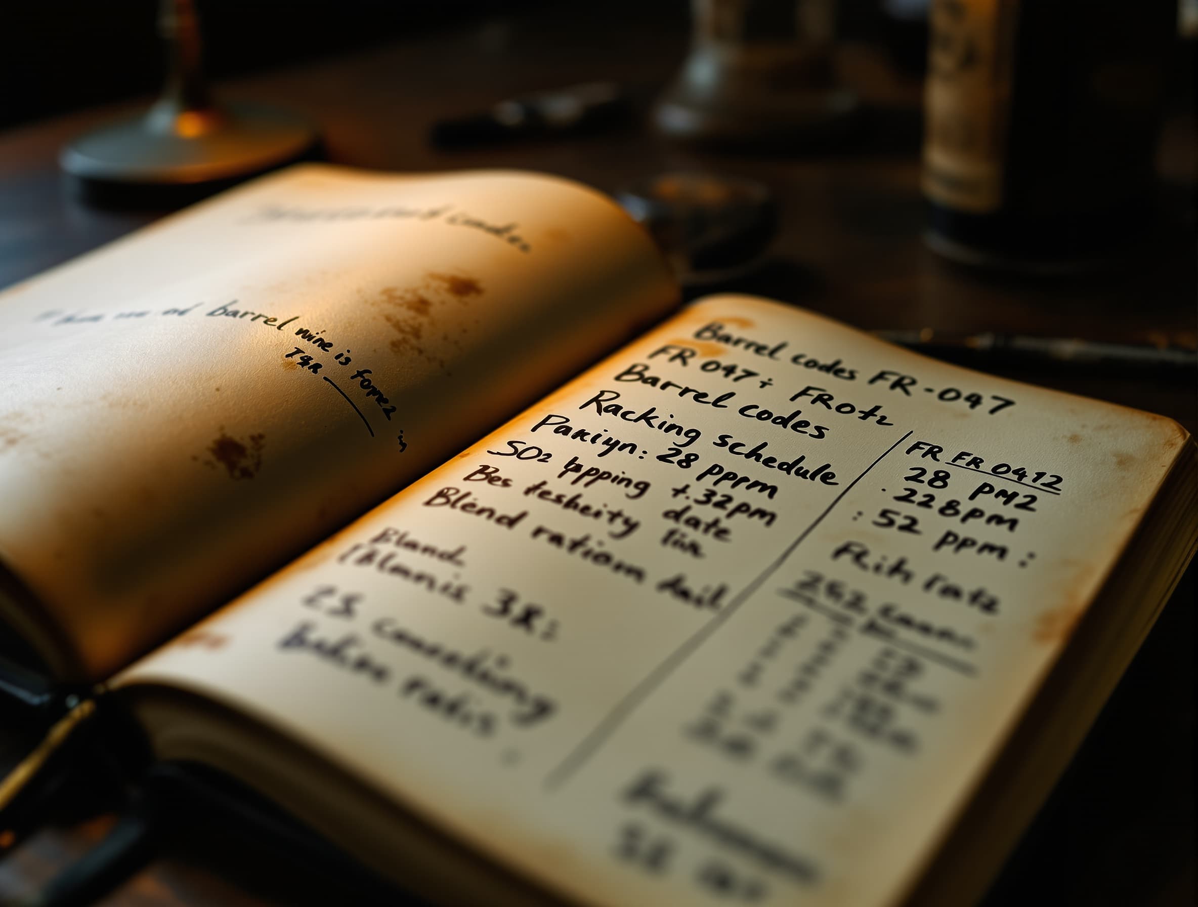 A winemaker's leather journal with handwritten barrel codes, SO₂ readings, and a racking schedule