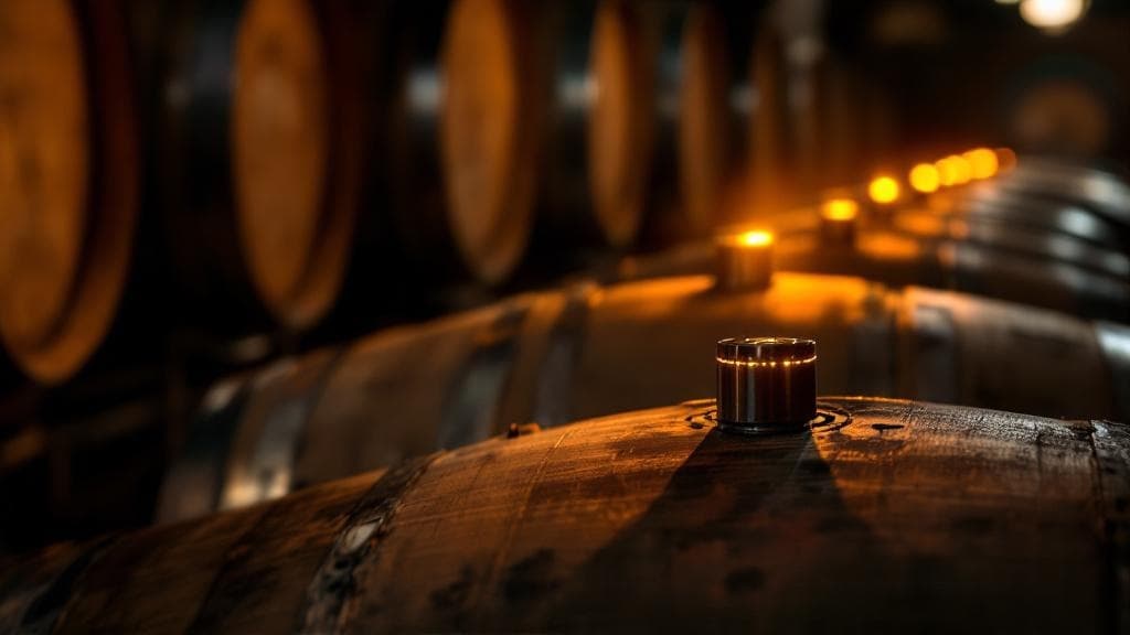 A row of oak barrels in a dim cellar with machined stainless sensor bungs in place