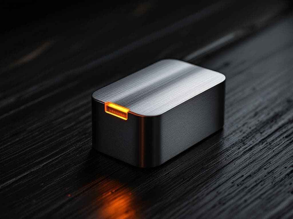 Close-up of a machined stainless steel sensor on a dark wooden table