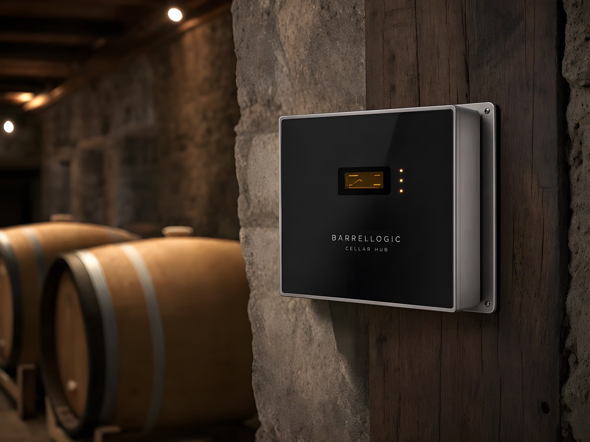 Wall-mounted anodized aluminum Cellar Hub device in a dim winery, oak barrels softly visible in the background