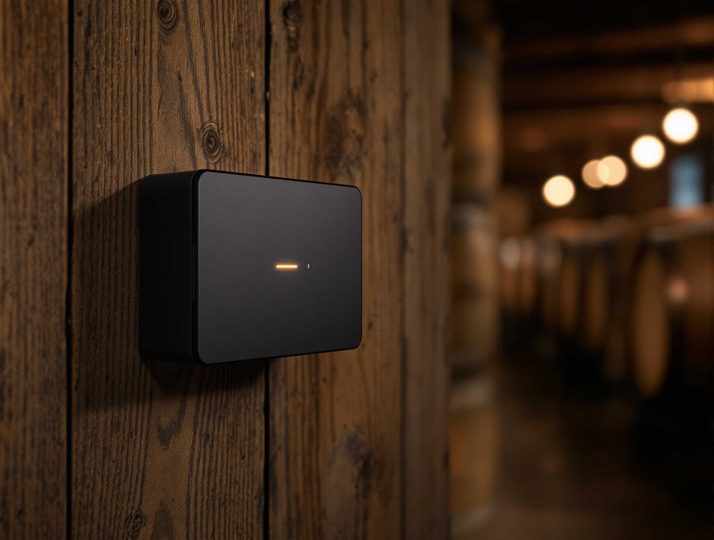 Wall-mounted anodized aluminum Cellar Hub device in a dim winery, oak barrels softly visible in the background