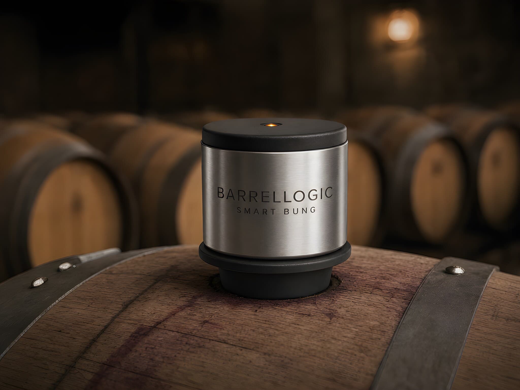 Polished stainless Smart Bung sensor seated into a French oak barrel with red wine staining around it