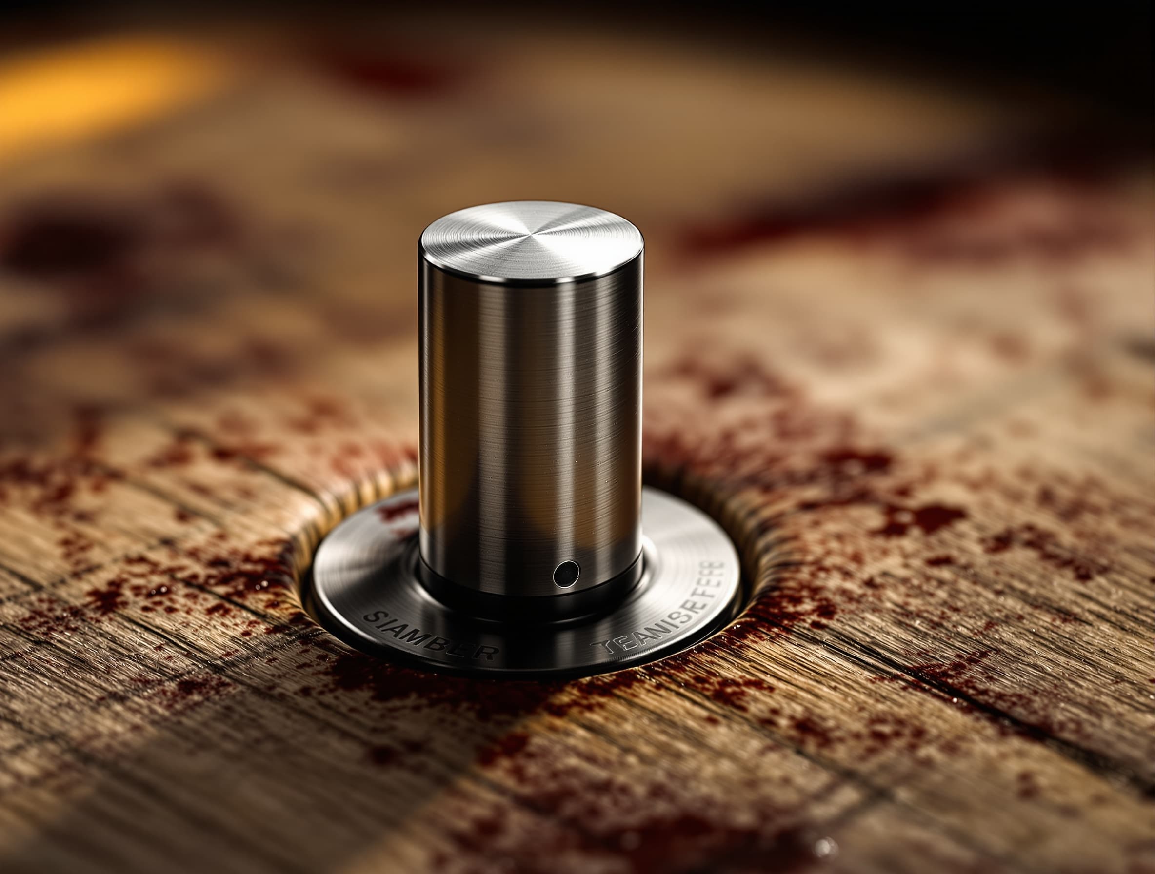 Polished stainless Smart Bung sensor seated into a French oak barrel with red wine staining around it