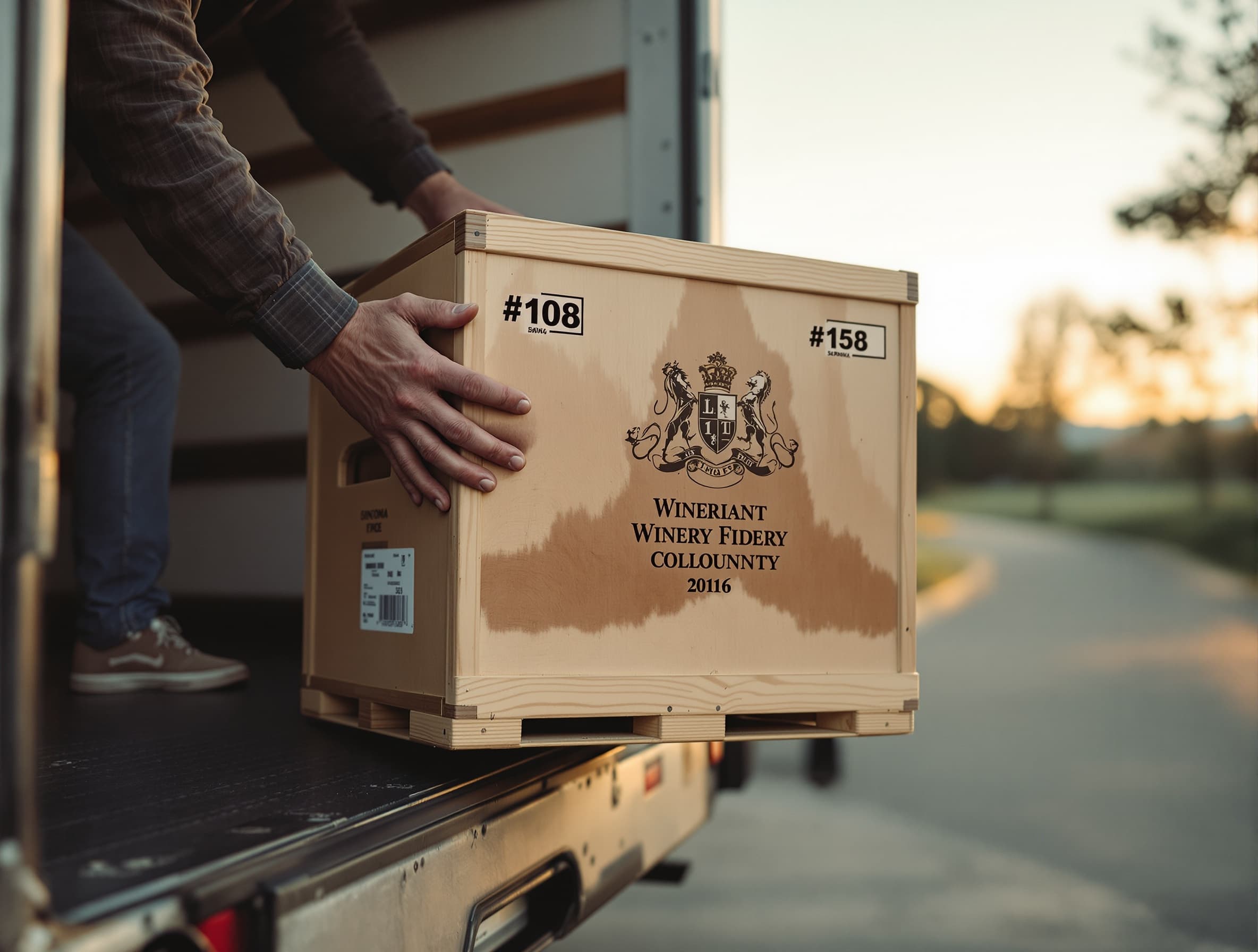 Hands loading a stamped wooden wine case onto a delivery truck at dusk