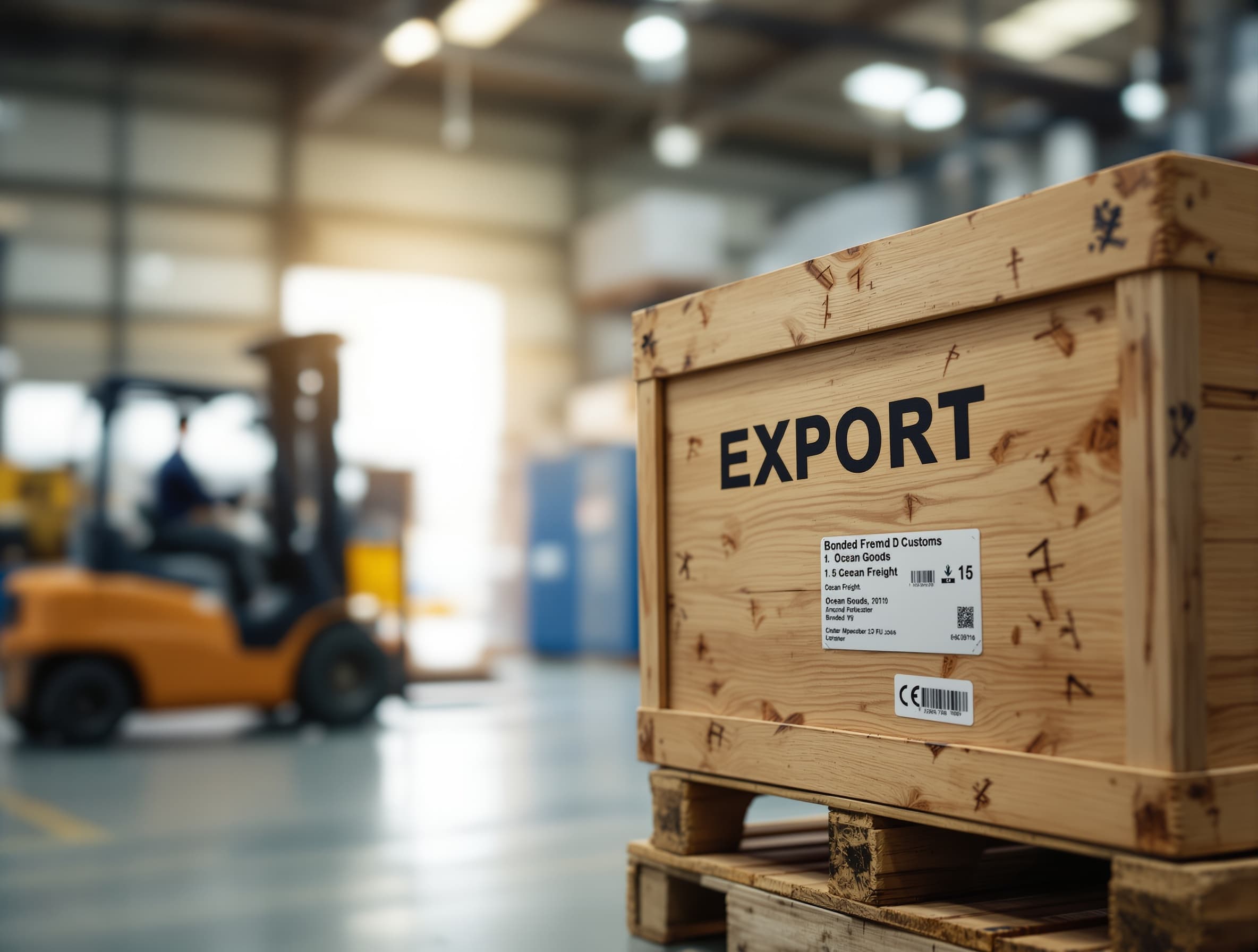 A wooden wine crate stamped EXPORT in a freight warehouse