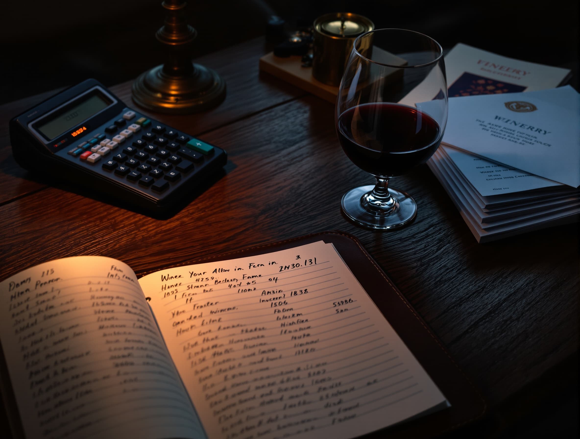 A ledger, calculator and winery invoices on a dark oak desk