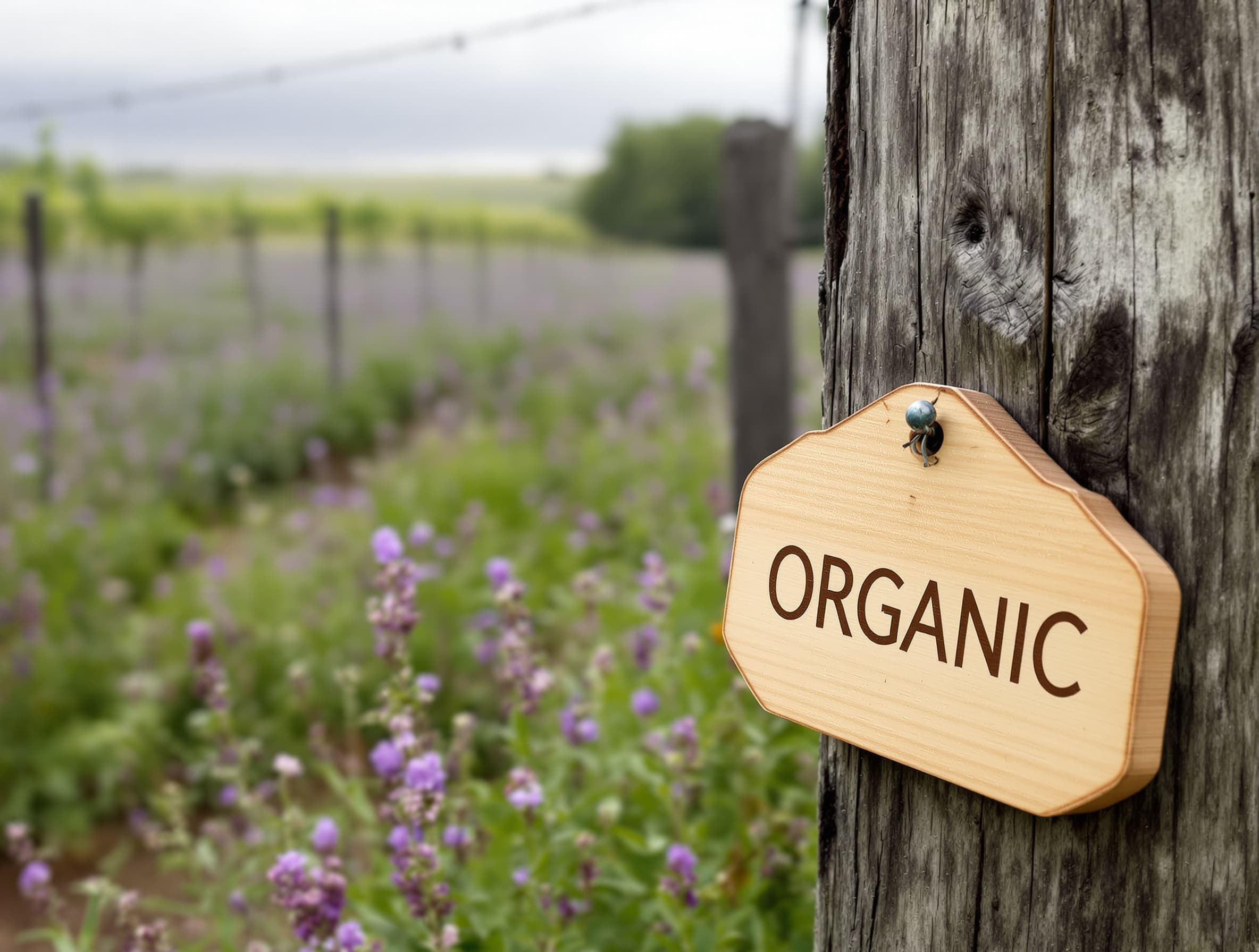 Purple-flowering cover crop between rows of vines