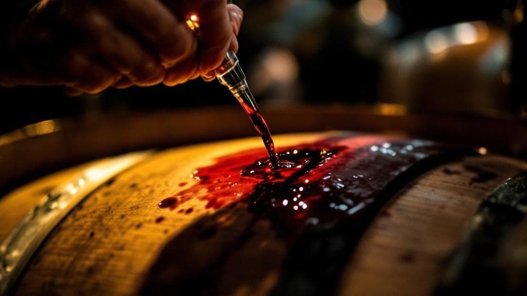 A winemaker drawing a sample of wine from the barrel with a glass thief, hand and glass in the foreground