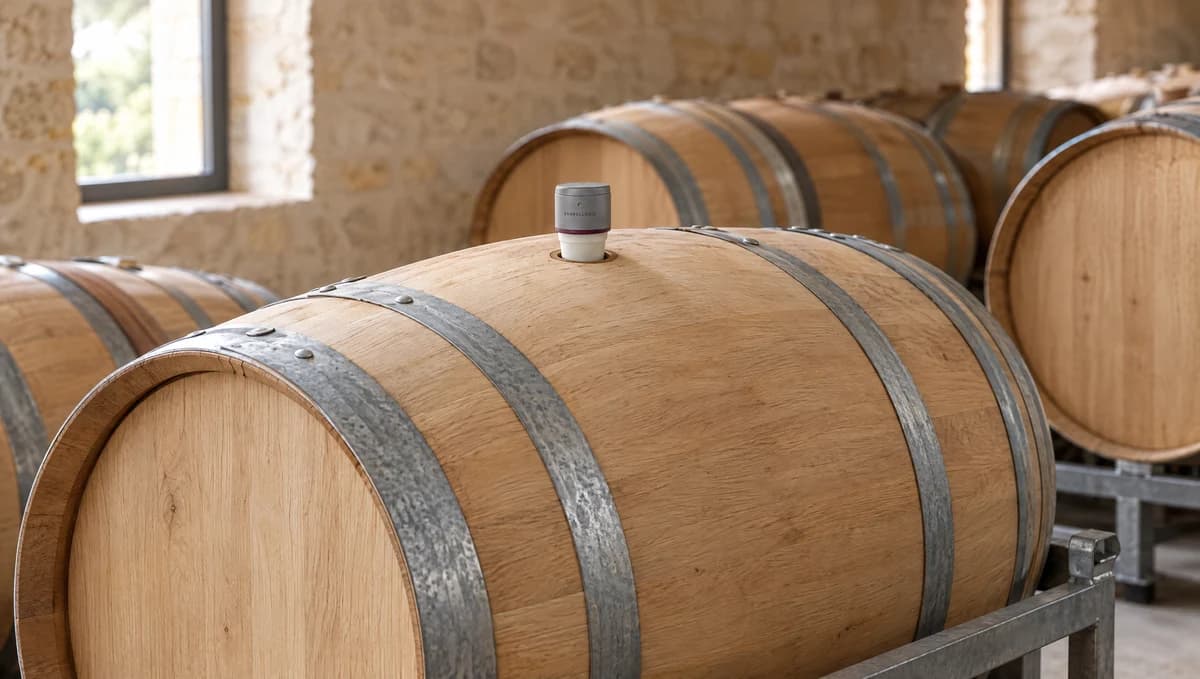 Design visualization of a compact temperature sensor installed in an oak barrel cellar